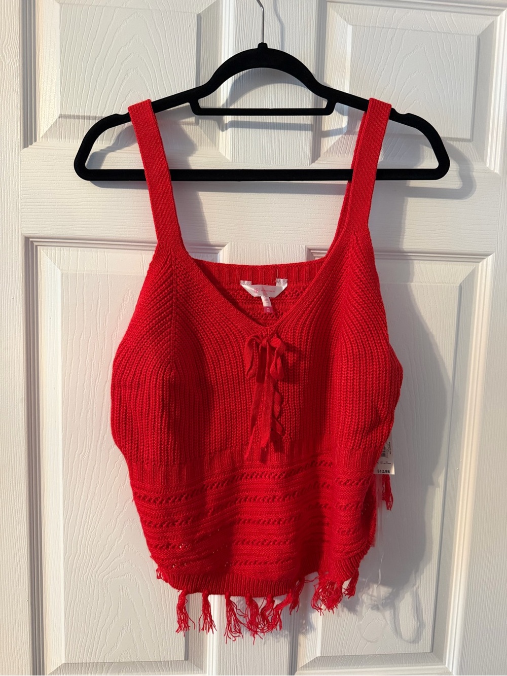 Red Knit Lace-Up Fringe Camisole - Women